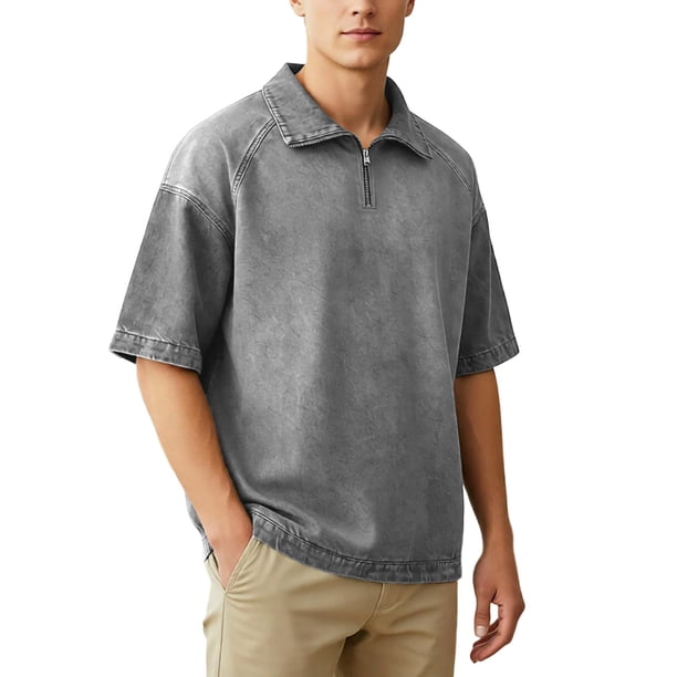 Summer Apparel for Men Distressed Half Zip Short Sleeve Shirt with
