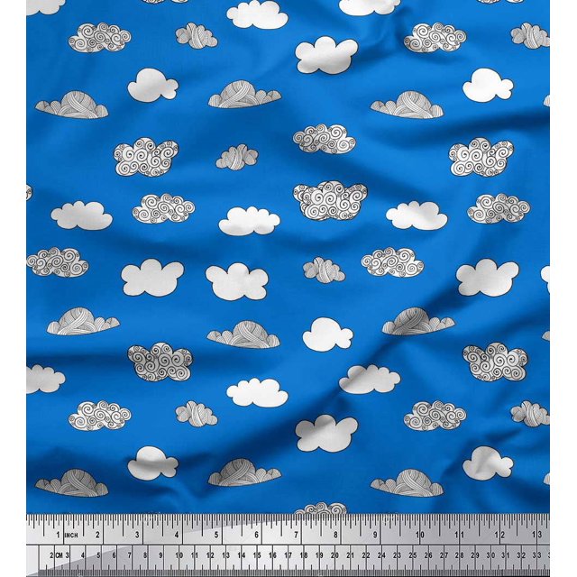 Soimoi Blue polyester Crepe Fabric Cloud Nature Printed Fabric 1 Yard 52 Inch Wide