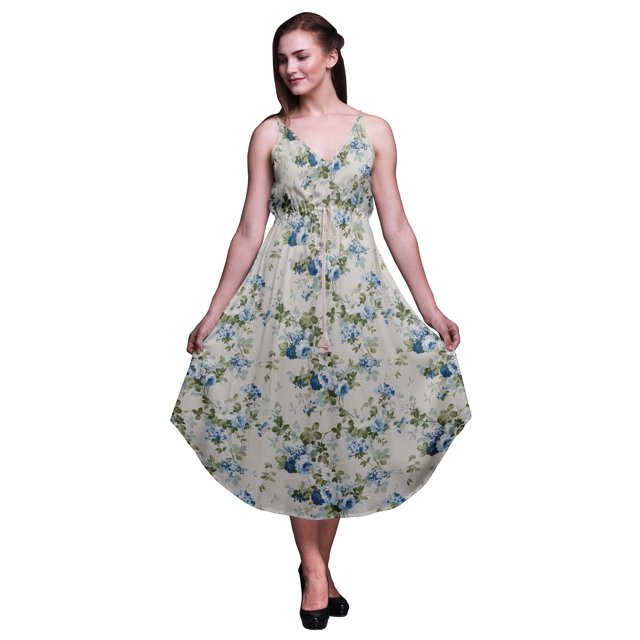 Bimba Robe de Plage Bohème Sans Manches Midi à Bretelles Imprimée Florale pour Femme - Très Petit
