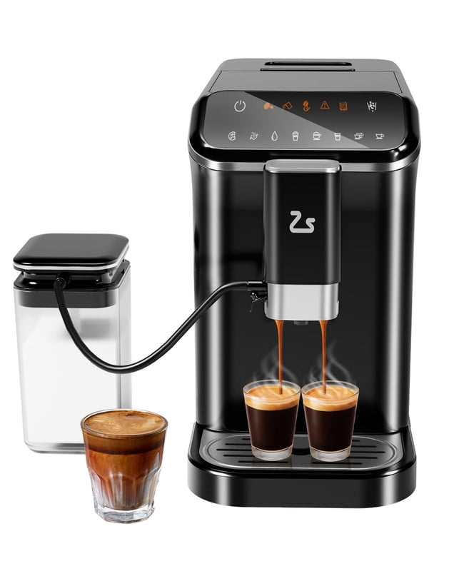 Espresso Machine Automatic Coffee Maker with Built-In Grinder & Milk Frother, 20 Bar Pressure, 1.5L Water Tank, Self-Cleaning, 6 One-Touch Recipes (Black & Silver)