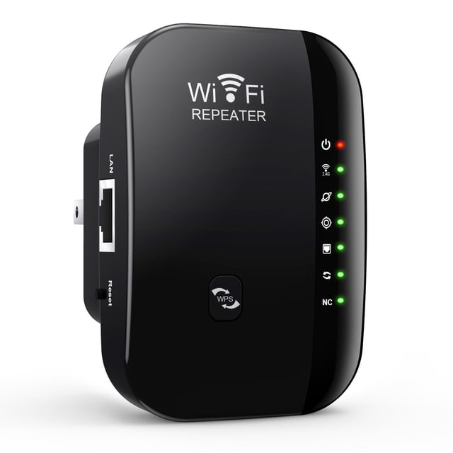 TopLLC 300Mbps Mini Wifi Booster designed for expanding wireless networks to hard-to-reach areas. Features a compact black design with a glossy finish, visible LED indicators for status, and a WPS button for secure encryption. Includes an Ethernet port for connecting wired devices and supports 802.11n/g/b protocols. Ideal for home, office, or travel use.