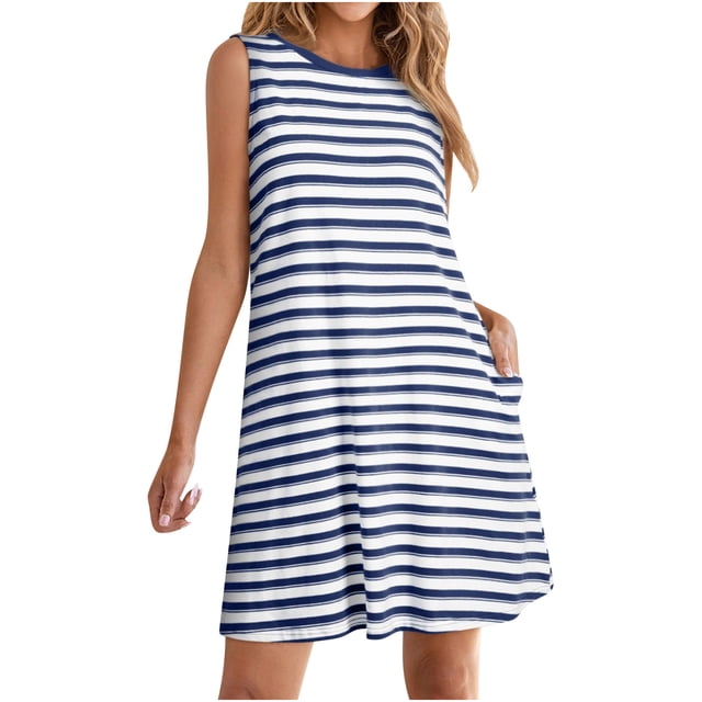 yoeyez Robes d'Été pour Femmes 2025 Grande Taille Décontractées à Rayures Débardeur Mini Robe d'Été Col Rond Coupe Ample Sans Manches Robe de Vacances Plage avec Poches Bleu,TTG