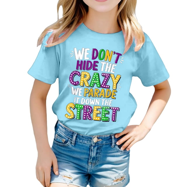 WEIYLL T-Shirts pour Filles Imprimé Lettres Col Rond Manches Courtes Hauts Décontractés pour Enfants de 5-6 Ans