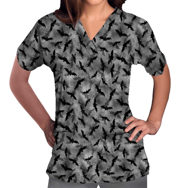 Womens Scrubs Tops Short Sleeve V-neck Tops Uniform Printed Pockets Blouse Nursing Clearance