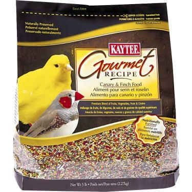 Kaytee Recette Gastronomique - Sac de Nourriture Canari et Pinson avec un Mélange Naturel de Graines et de Grains Enrichi de Vitamines et d'Acides Gras Oméga Équilibrés, Montrant un Canari Jaune et un Pinson Gris sur le devant, Convient aux Oiseaux d'Intérieur Ayant Besoin d'Une nutrition Équilibrée.