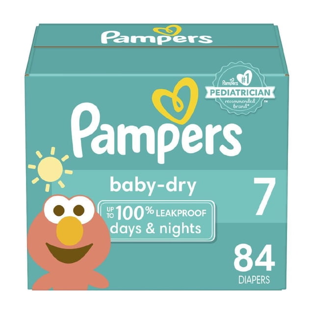 Pampers Baby Dry Diapers Super Econo Pack size 7 with 84 disposable diapers in teal box featuring Elmo, providing up to 100% leakproof protection day and night, from the #1 pediatrician recommended brand