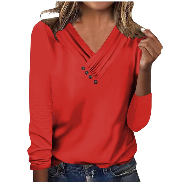 Timegard Womens Tops V-Neck Ruched Button Long Sleeve Solid Color Comfy Tee Dressy Casual Tunic Top