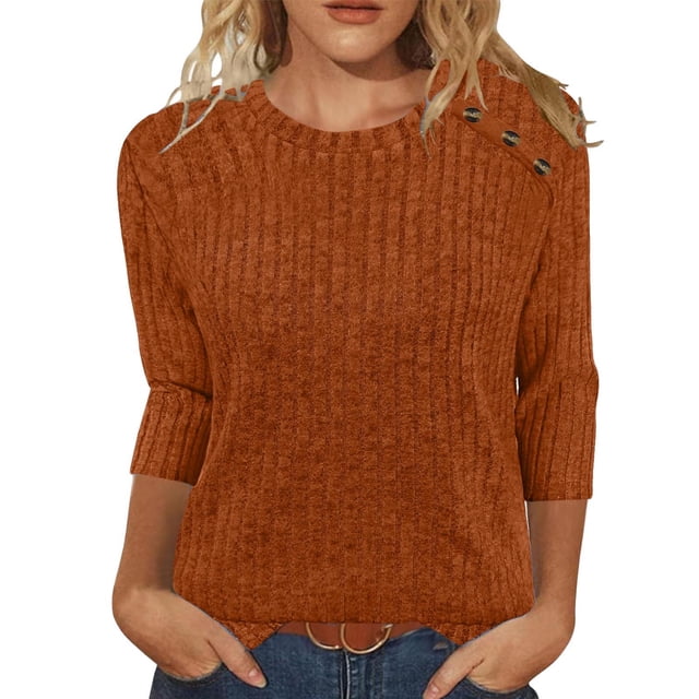 Pincandy Womens Sweaters Fall Fashion 3/4 Length Sleeve Tops Crew Neck Button Shirts Casual Pullover Cute Winter Clothes