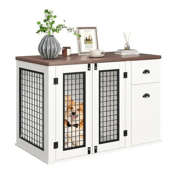 Garvee Dog Crate Furniture, with Drawer & Side Cabinet, Pet Kennel for Small to Medium Pet, White