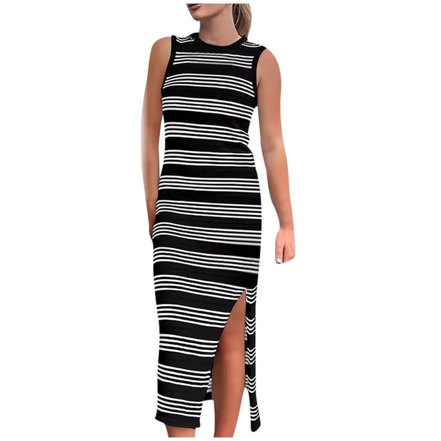 Pisexur Robes pour Femmes Mode Tricot Coton Lin Robes Respirantes Sans Manches Col Rond Robe Maxi Vintage à Rayures Fendue Robes Débardeur Été Décontracté Ajusté Élégant Robe Longue
