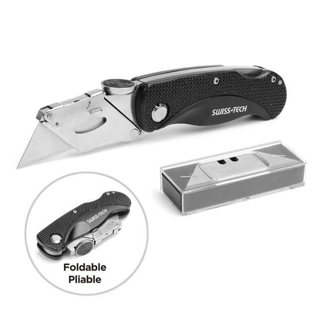 Swiss Tech Aluminum Folding Utility Knife with 10 Blades featuring a foldable black textured aluminum handle with anti-skid grip and Swiss Tech logo, equipped with a sharp SK5 steel blade extended; includes a clear plastic case containing 10 replacement blades, suitable for precise cutting in home improvement tasks.
