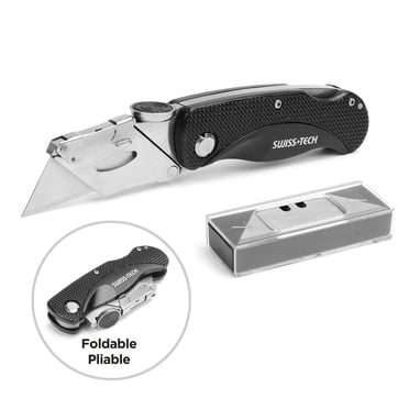 Couteau utilitaire pliant en aluminium Swiss Tech avec 10 lames, mécanisme de libération rapide