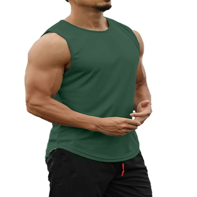 Men Sports Tank Top Summer Breathable Sleeveless Neck Solid Color Tops Running Fitness Tops Green XXL