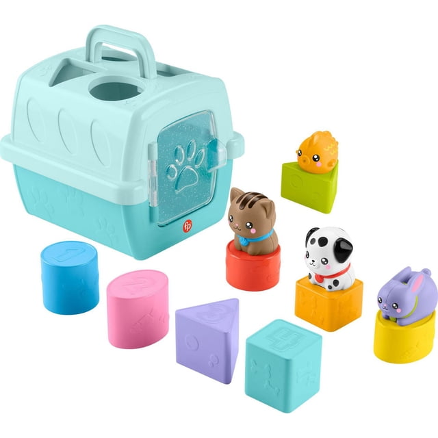 Fisher-Price FP Pets Jouet de Tri et de Rangement pour Transporteur d'Animaux en Bleu Pâle avec Porte et Poignée à Empreintes de Pattes Claires, Incluant Huit Blocs Colorés avec Quatre Figurines d'Animaux – un Chat, un Chien, un Lapin et un Oiseau – Chacun sur un Bloc de Formes Assorties pour Soutenir la Motricité fine des Nourrissons et les Habiletés de Résolution de Problèmes.