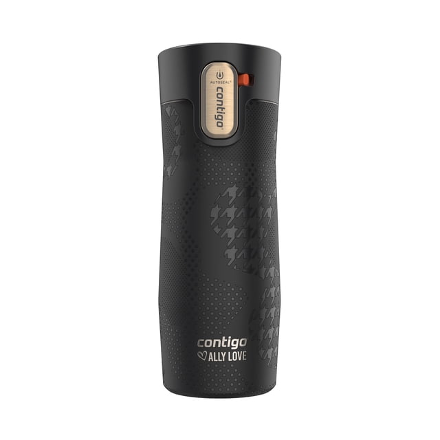 Contigo x Ally Love West Loop vacuum-insulated stainless steel travel mug with easy-clean AUTOSEAL lid, 16 oz, black with textured houndstooth pattern, featuring leak- and spill-proof technology, thermal insulation keeping drinks hot up to 11 hours or cold up to 24, and a one-handed button for easy drinking, suitable for commuters and travelers.