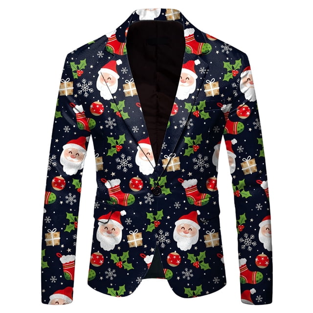 Men Christmas Snowflake Santa Suits for Big Men Printed Pocket Lapel Button Young Men Suits Suit Jacket Suit