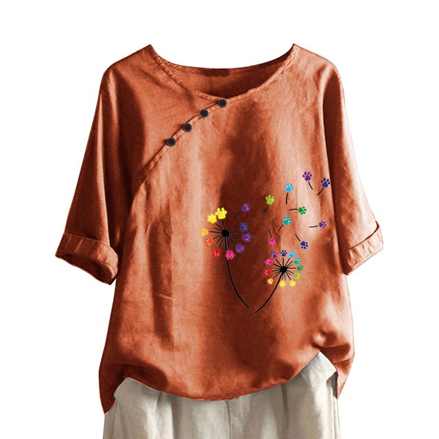 CHUANK Hauts pour Femmes en Solde à Moins de 10$ Hauts Décontractés Printemps Été Manches Longues en Coton Lin Imprimé Graphique Pissenlit Col Rond Blouses Vintage Grande Taille