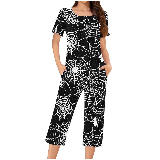 Jamicy Pyjama Noir pour Femmes Mode Décontractée Ample Doux Imprimé Col Rond à Boutons Ensemble de Pyjama Capri pour Femmes Pyjama d'Halloween