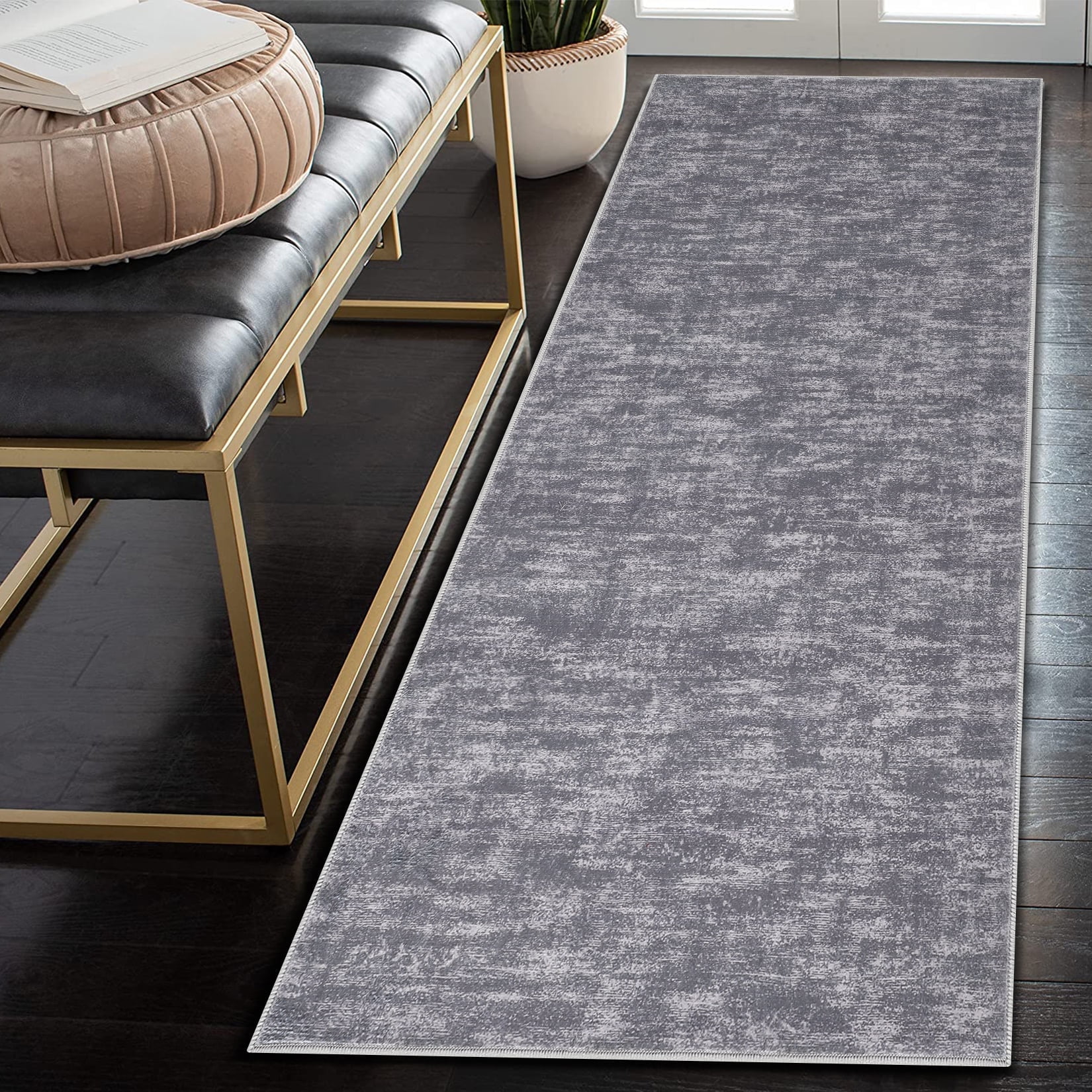 YUSAZENS 2 x 8 Modern Solid Area Rug Machine Washable, Non-Slip Low-Pile Door Mat for Entryway, Laundry, Soft Floor Mat for Home, Office, Living Room Gray