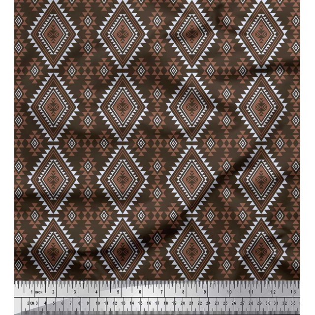 Soimoi Brown polyester Crepe Fabric Diamond & Triangle Geometric Print Fabric by the Yard 42 Inch Wide