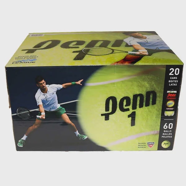 Penn Championship Tennis Ball, 60 Balls packaging featuring a large tennis ball graphic with the Penn logo and an action shot of a tennis player in mid-swing. The box highlights 20 cans containing 60 durable tennis balls in total.