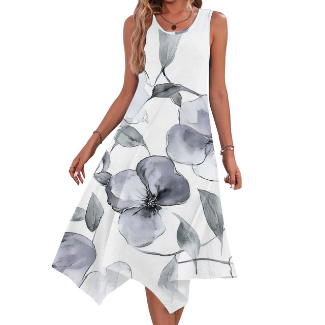 Ovzne Robes Grande Taille pour Femmes aux Formes Robe d'Été Robes pour Femmes Sans Manches Col Rond à Cordon Décontractée à Volants Ligne A Mini Robe Robe d'Été Liquidation