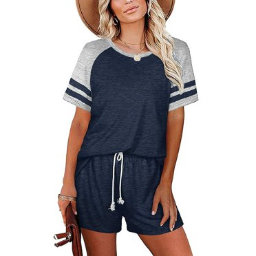Women Casual Home Sleepwear  Neck Short Sleeve Stripe Two-Piece Sets