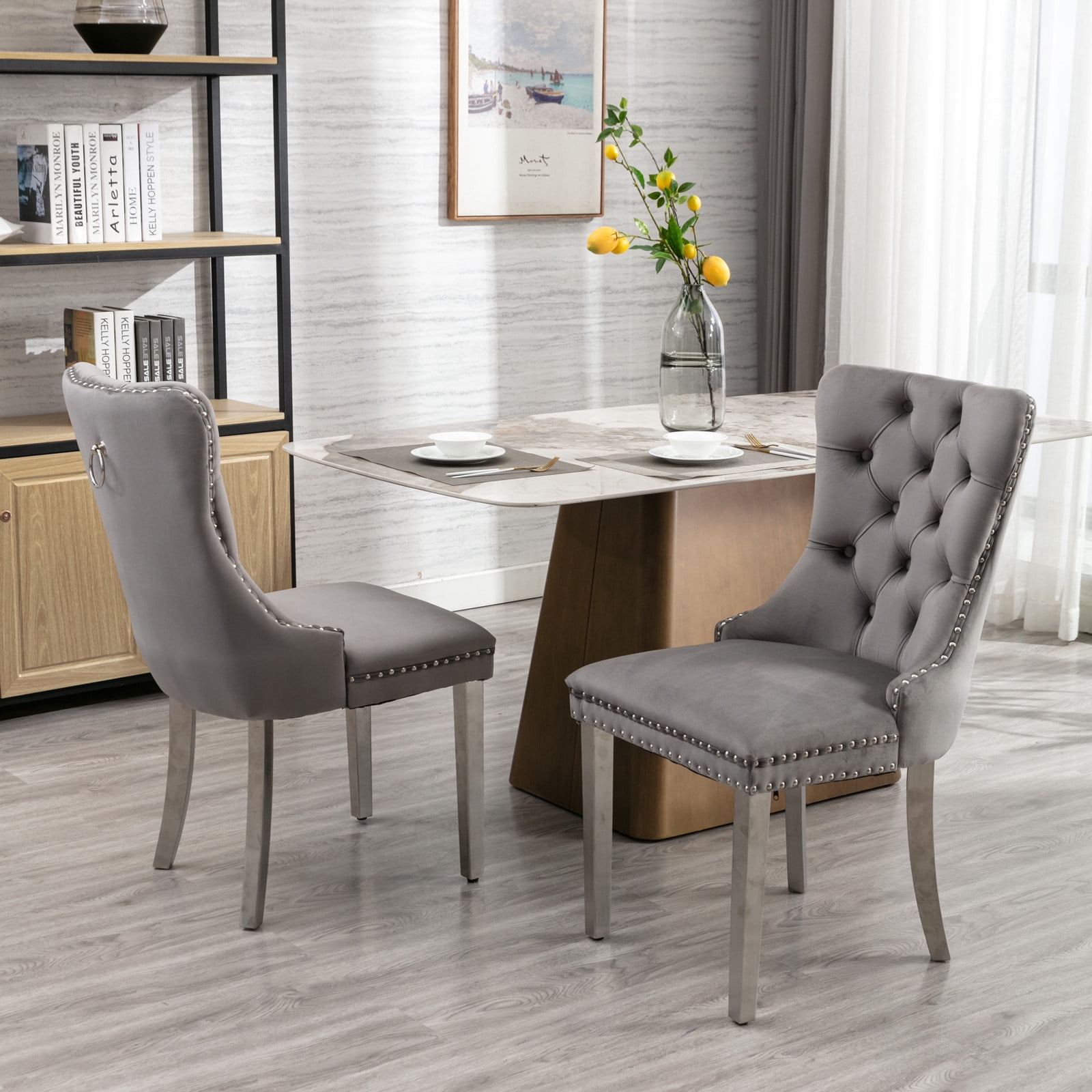 Noble House Velvet Upholstered Dining Chair Set of 2,Tufted with Siller Plated Legs & Nailhead Trim,Blue + Gold
