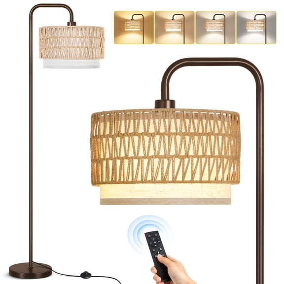 OUTON Floor Lamps, Boho Standing Lamps with Rattan & Linen Double Shades, Arc Lamp Floor with 4 Color Temperatures, Bohemian Floor Lamps for for Living Room, Bedroom, Study Room