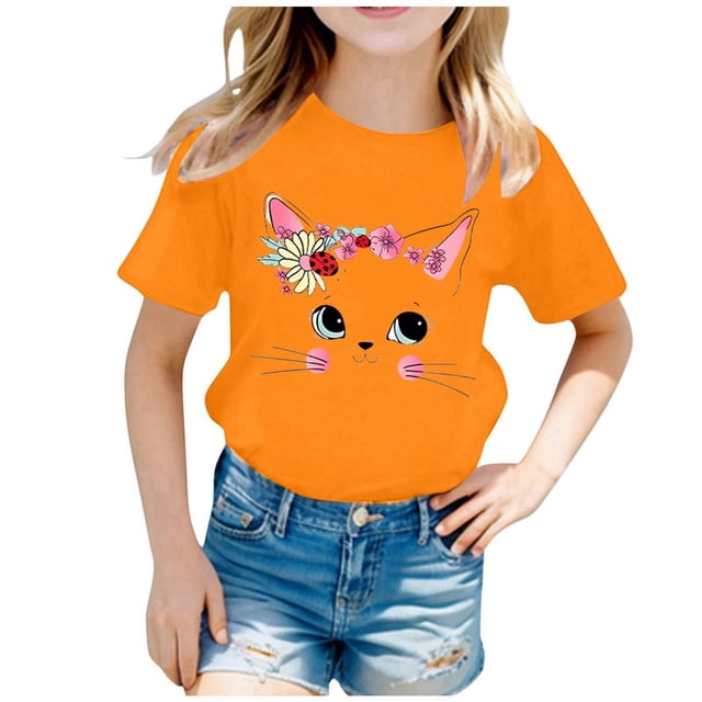 GDREDA Vêtements Fille Enfant Filles Mignon Mode Imprimé Col Rond Manches Courtes Tee Été Décontracté Ample Doux T-Shirt Hauts T-Shirt à Manches Courtes pour Fille Orange, 2-4 Ans