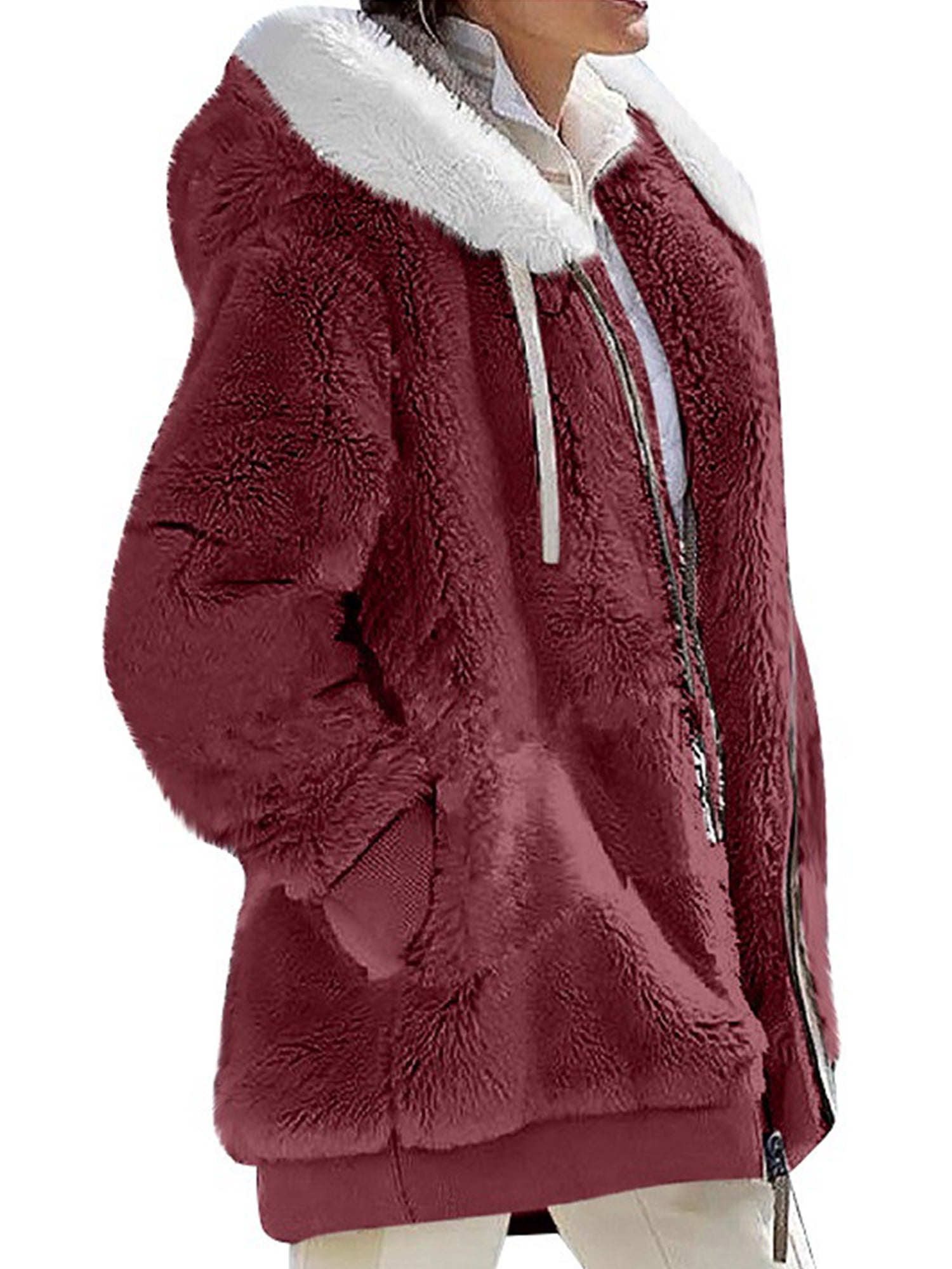 MAWCLOS Ladies Thickened Solid Color Hooded Cardigan Winter With Pockets Sherpa Coat Red 2XL