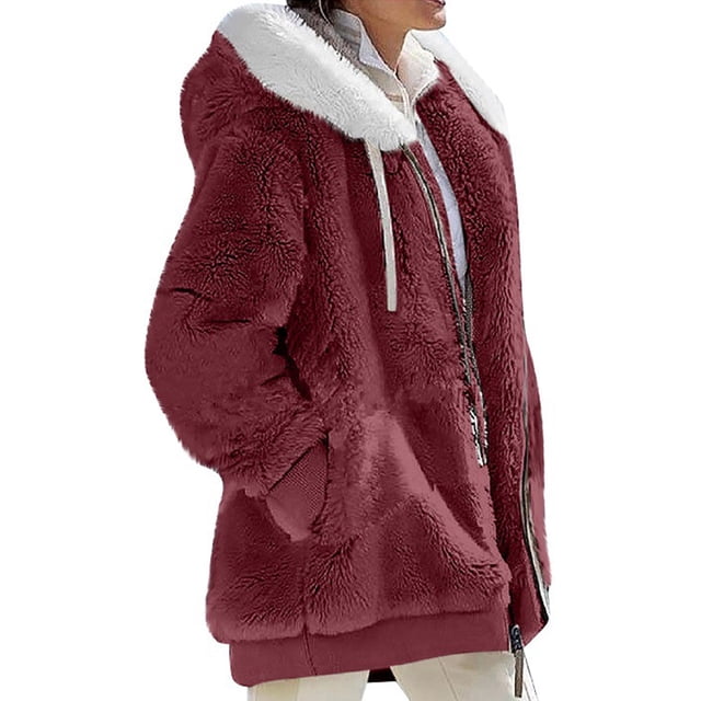 MAWCLOS Ladies Thickened Solid Color Hooded Cardigan Winter With Pockets Sherpa Coat Red 5XL