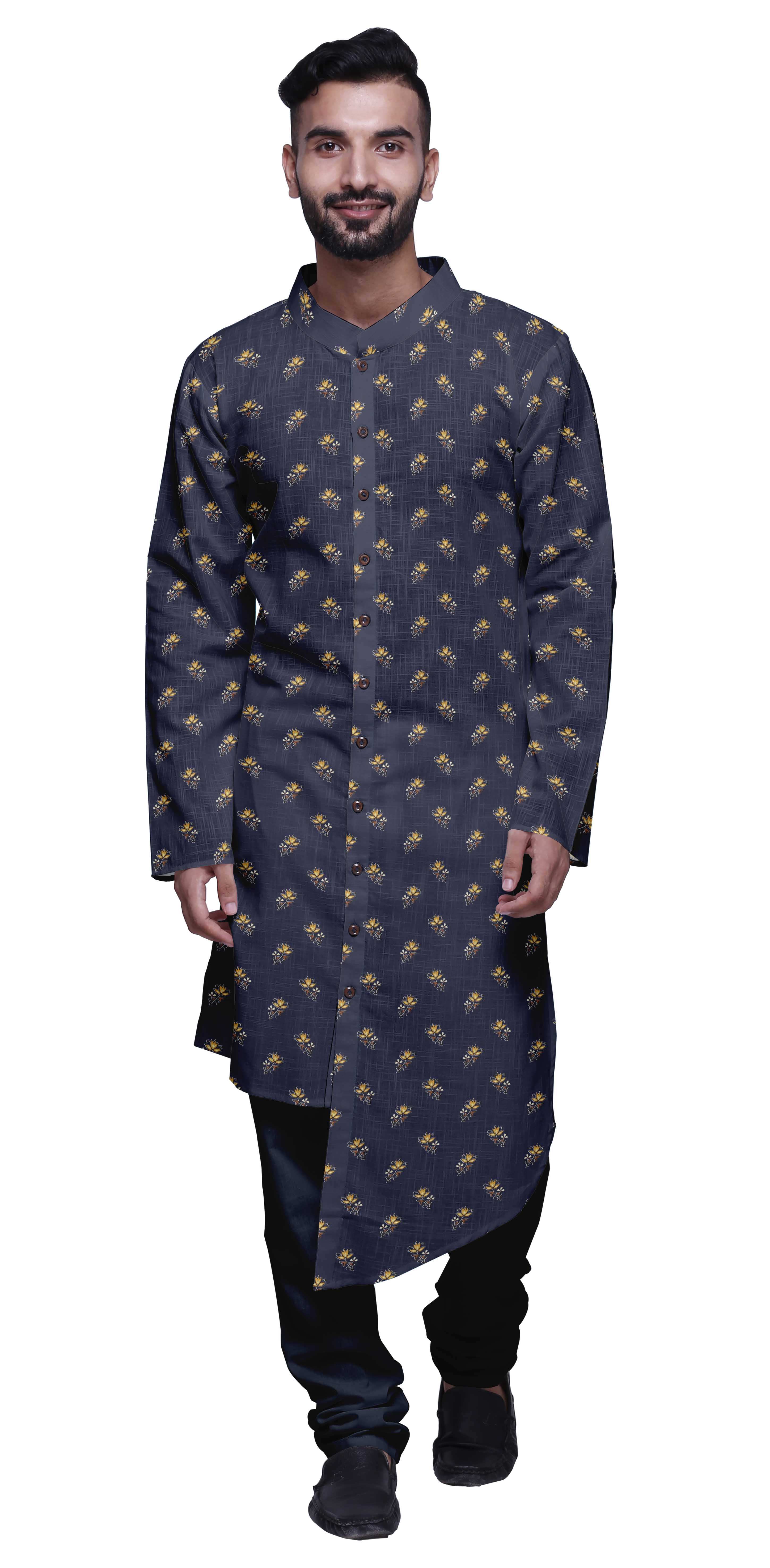 Atasi Printed Kurta Pajama For Men Asymmetric Style Casual Summer Clothing