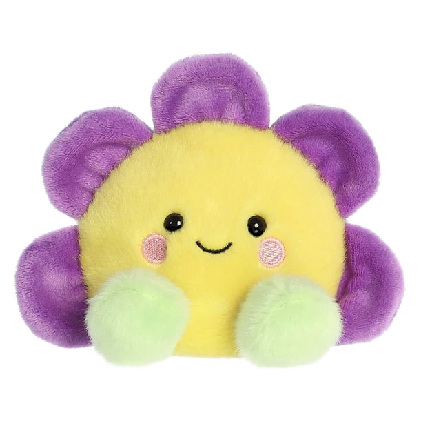 Aurora Palm Pals - Fallon Flower Jouet Fleur en Peluche de 5 Pouces Présentant un Visage Jaune Doux et Duveteux avec des Pétales Violets, un Sourire Brodé Joyeux, des Joues Roses et des Mains Duveteuses Vert Pâle. Fabriqué avec des Matériaux de Haute Qualité et Rempli de Granules de Haricot pour la Stabilité, Convient à Tous les Âges.