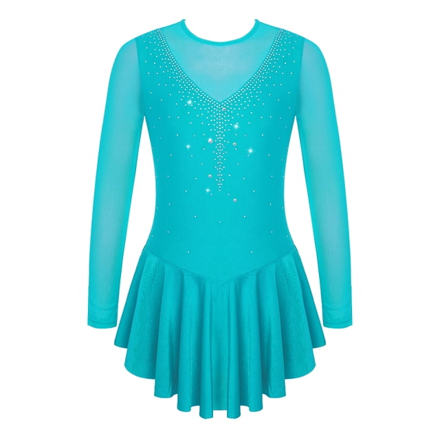Miaeowve Kids Girls Figure Skating Dress Rhinestone Mesh Irregular Ballet Dan Dress Performance Dancewear Lake Green 12