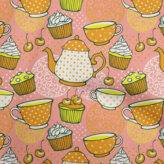 oneOone Cotton Poplin Peach2 Fabric Tea Party Kettle Craft Projects Decor Fabric Printed By The Yard 42 Inch Wide