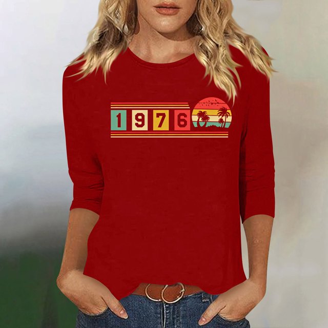 Uootdi Hauts pour Femmes Manches 3/4 Col Ras du Cou 1976 Imprimé Arc-en-Ciel Rétro Coupe Décontractée T-Shirts Nostalgiques pour Escapade d'Été Cadeau