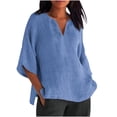 thumbnail image 1 of Timegard Tops for Women Notched V Neck 3/4 Sleeve Side Split Summer Casual Solid Color Loose Tops Tee, 1 of 6