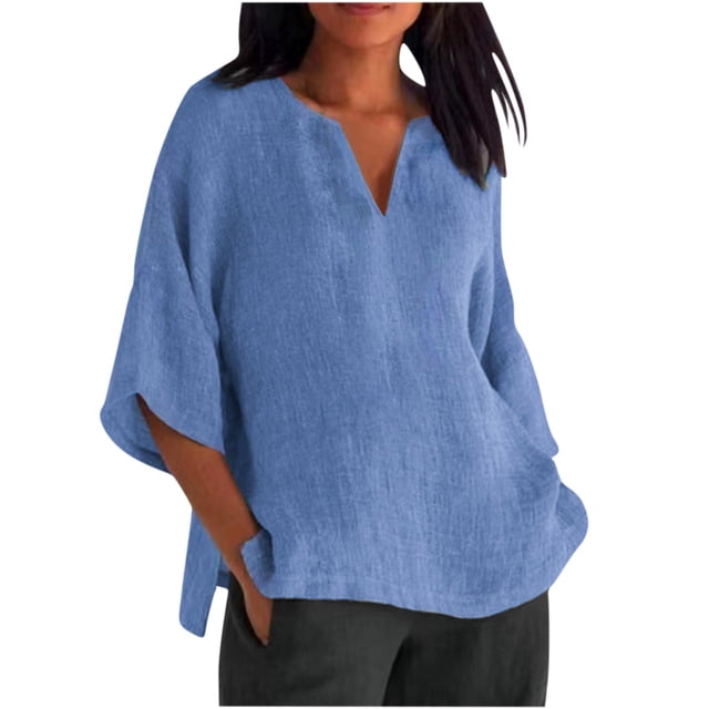Timegard Tops for Women Notched V Neck 3/4 Sleeve Side Split Summer Casual Solid Color Loose Tops Tee