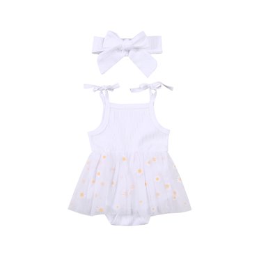 Xingqing Adorable Barboteuse-Robe pour Bébés Filles Bandeau Imprimé Tournesol Dentelle Patchwork Sans Bretelles Ceinture Combinaison