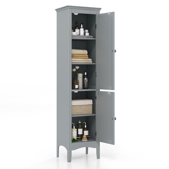Patiojoy Freestanding Bathroom Storage Cabinet Tall Narrow Storage Cabinet with 1 Adjustable Shelf 1 Drawer and 2 Doors Gray