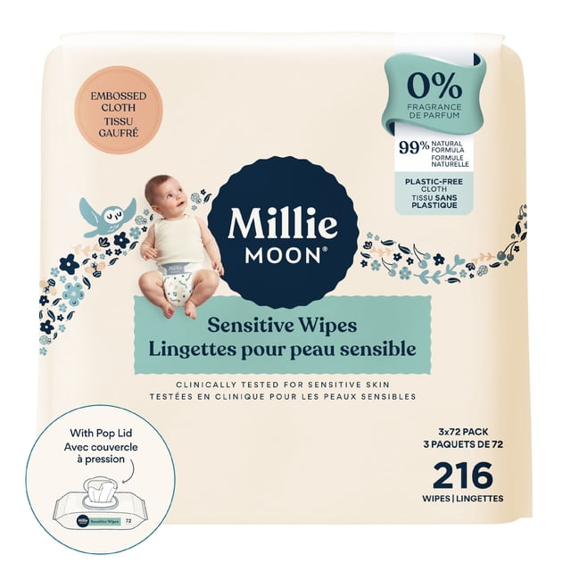 Millie Moon Sensitive Wipes, 216 count with 3 packs of 72 wipes, featuring a pop lid for one-at-a-time dispensing. Made with 99% natural formula and plastic-free embossed cloth, fragrance-free and clinically tested safe for sensitive baby skin, ideal for gentle cleaning and diapering.