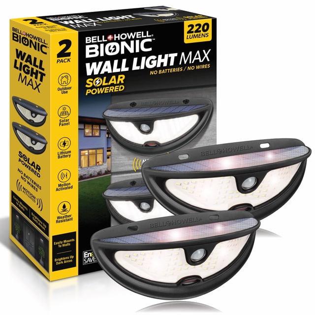 Bell + Howell Bionic Wall Light Max 2 Pack solar powered motion activated outdoor security wall lights with 220 lumens brightness, black curved design with integrated solar panel and motion sensor, weather-resistant for year-round use, easy tool-free wall mounting, suitable for illuminating porches, garages, and yards without wiring or batteries.