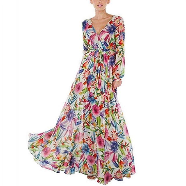 Robe Maxi Bohème à Manches Longues, Col en V, Florale, Tunique Ample, Caftan, Robes pour Femmes, Plage, Vacances, Robe Longueur, Robes d'Été, Grande Taille