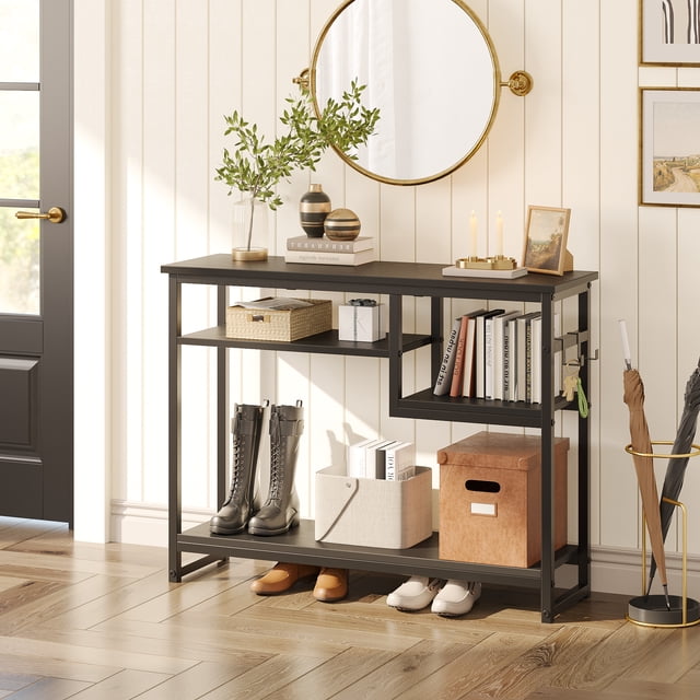 Bestier Narrow Console Table Buffet Sideboard Side Desk Entryway Table with 4 Storage Shelves & 2 Hooks, Black