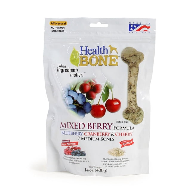 Omega Paw Mixed Berry Medium Size Health Bone for Dogs in resealable white pouch featuring images of blueberries, cranberries, cherries, and quinoa, with an actual size bone illustration and 14 oz (400 g) net weight, a nutritious dog treat rich in antioxidants.