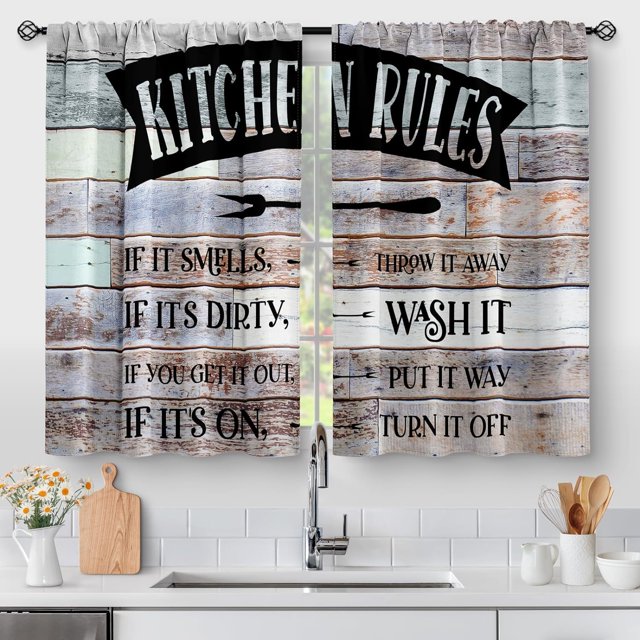Wooden Barn Farmhouse Kitchen Curtains - Rustic Wood Country Retro Small Short Cafe Tier Curtains Decor for Living Dining Room Farm Family Rules Window Drapes 36 Inch Length 2 Panels 28"x36"