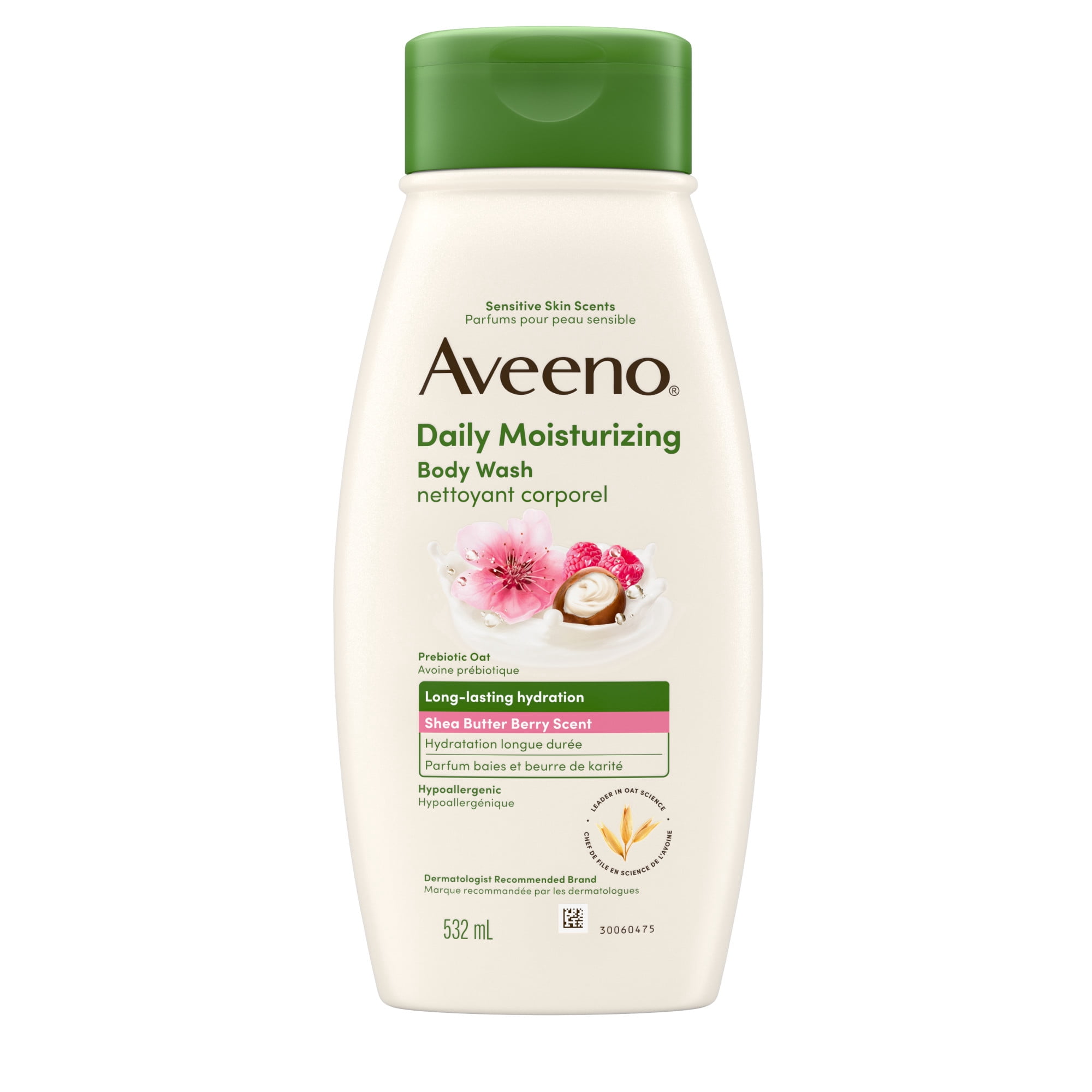 Nettoyant hydratant quotidien Aveeno, parfum baies et beurre de karité, l’avoine prébiotique apaisante, procure une hydratation durable pour la peau sensible, hypoallergénique, sans parabènes, 532 mL