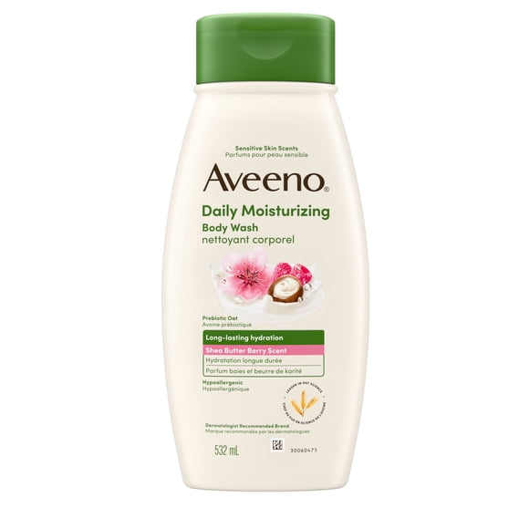 Nettoyant hydratant quotidien Aveeno, parfum baies et beurre de karité, l’avoine prébiotique apaisante, procure une hydratation durable pour la peau sensible, hypoallergénique, sans parabènes, 532 mL
