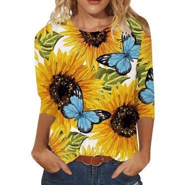 Pompotops Womens Fashion O-Neck Casual Three Quarter Sunflower Print Tops T-shirt Blouse